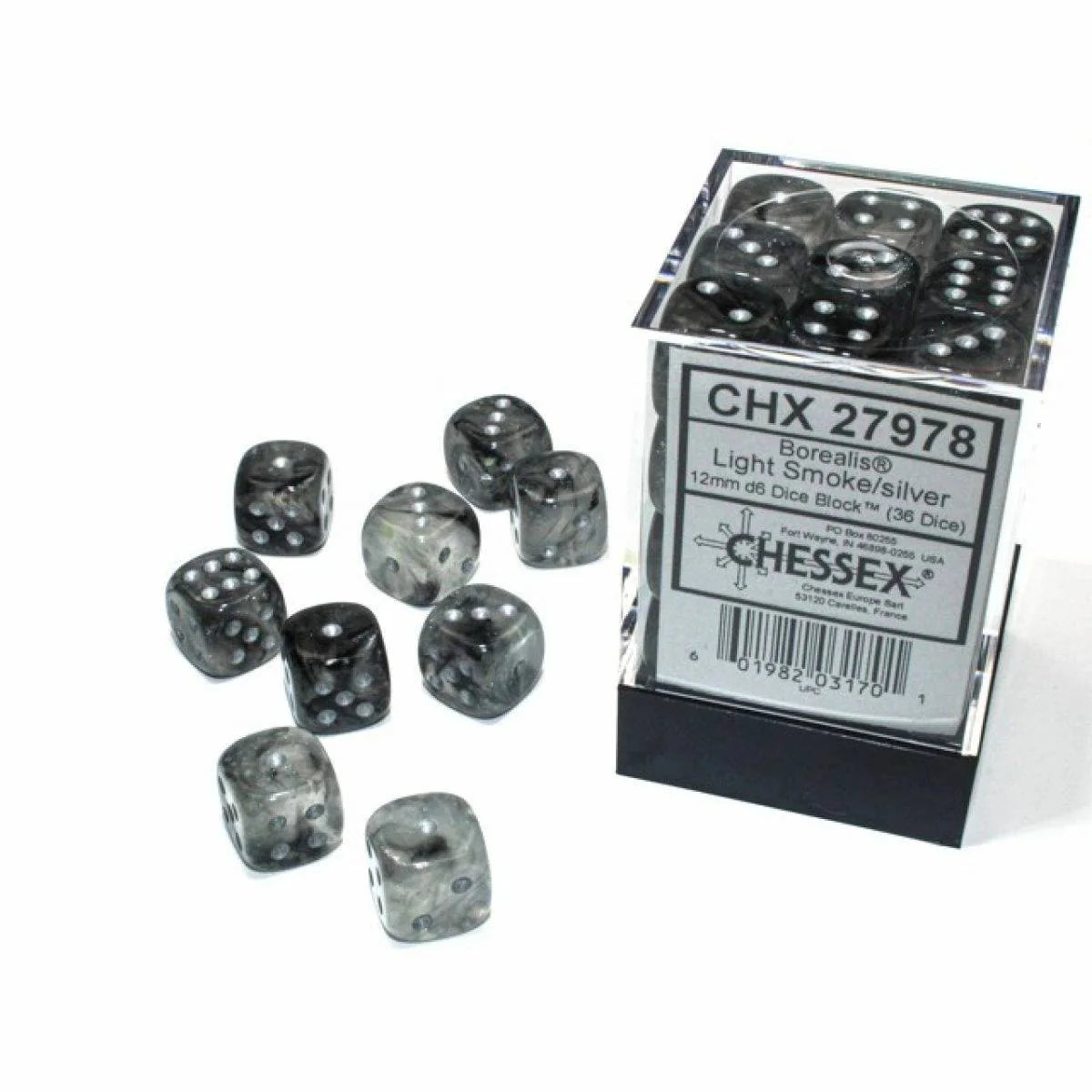 Chessex Borealis 12mm D6 Light Smoke/Silver Luminary Dice Block (36)