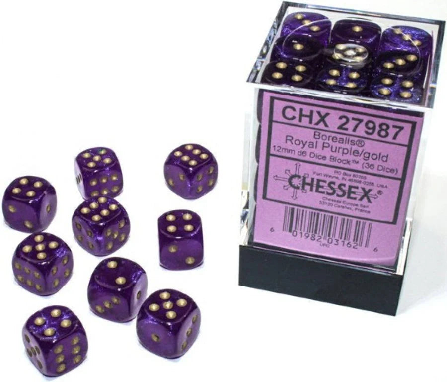 Chessex Borealis 12mm d6 Royal Purple/Gold Luminary Dice Block (36 Dice)