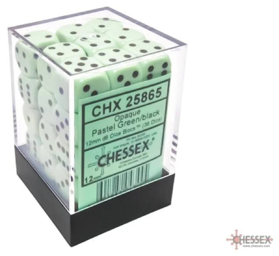 Chessex Opaque 12mm D6 Pastel Green/Black Dice Block (36 Dice)