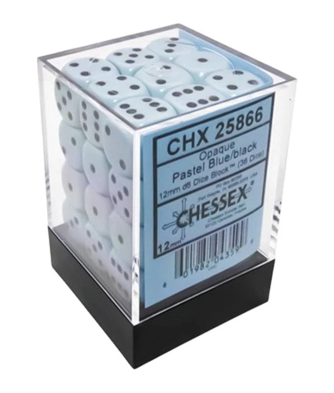 Chessex Opaque 12mm d6 Pastel Blue/Black Dice Block (36 Dice)
