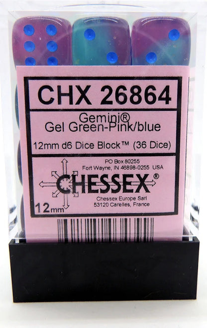 Chessex Gemini 12mm d6 Gel Green-Pink/Blue Luminary Dice Block (36)
