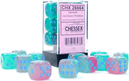 Chessex Gemini 12mm d6 Gel Green-Pink/Blue Luminary Dice Block (36)